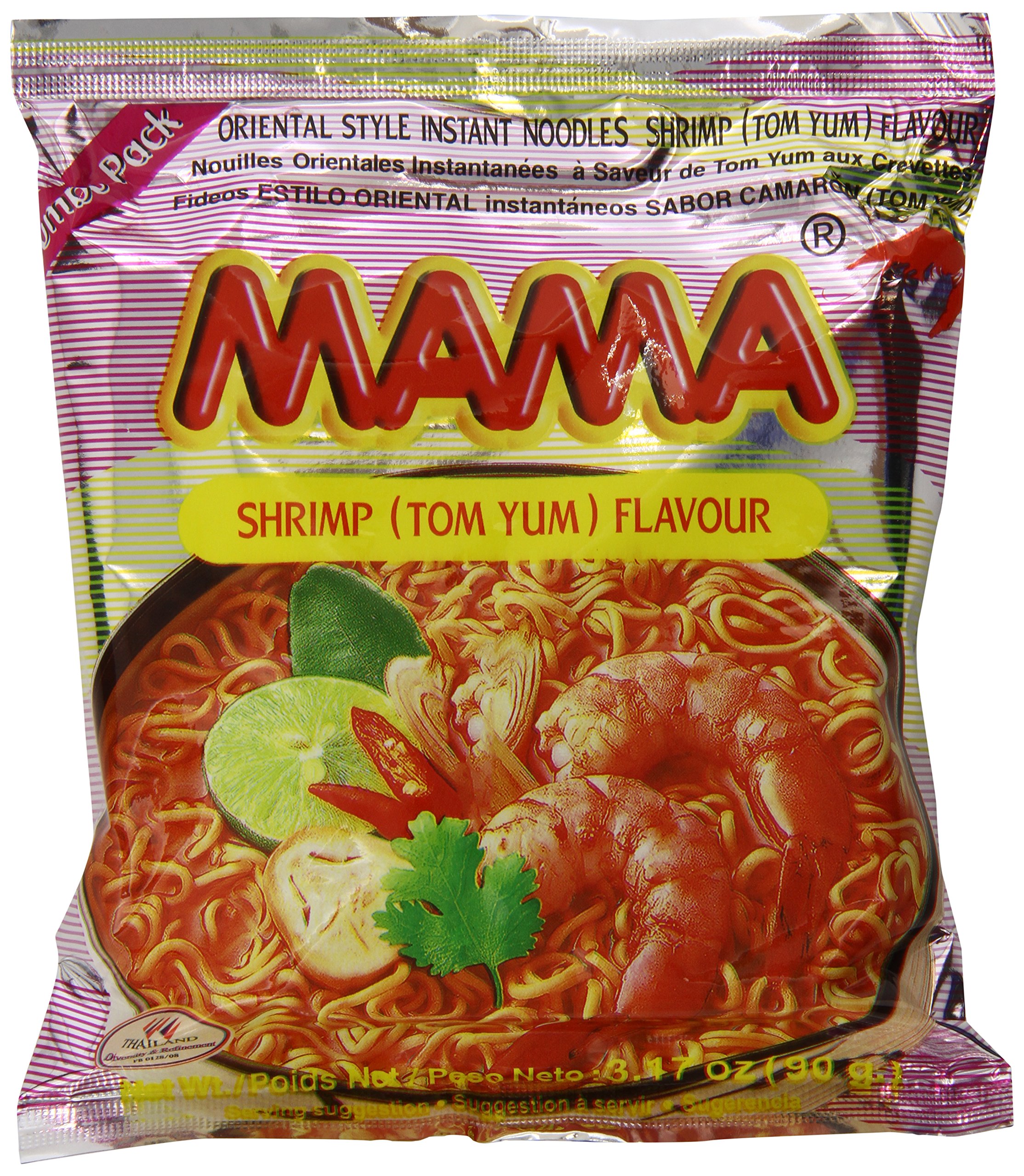 unopened metallic pink ramen packet of mama brand ramen