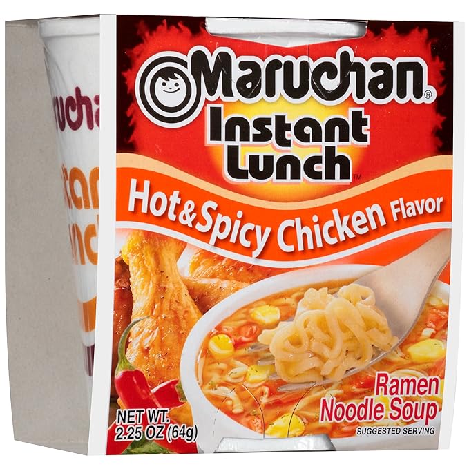 shrink wrapped styrofoam cup of ramen covered with red themed cardboard label, maruchan brand
