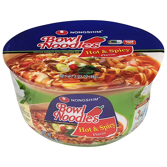 plastic white bowl with green and blue color themes and ramen imagery, nongshim brand