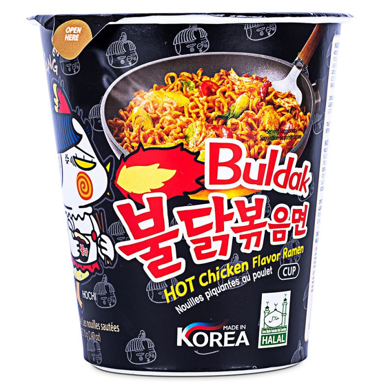 blac colored cardboard cup of cartoon chicken breathing fire, samyang brand
