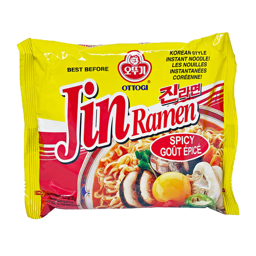unopened bright yellow ramen packet of jin ramen