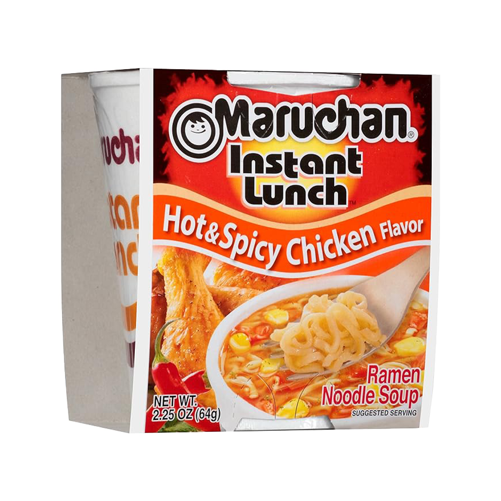 shrink wrapped styrofoam cup of ramen covered with red themed cardboard label, maruchan brand