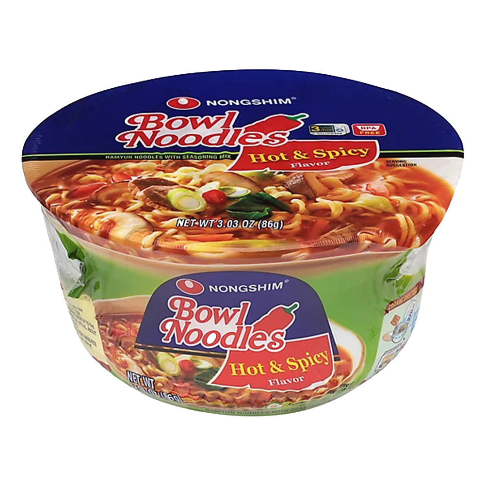 plastic white bowl with green and blue color themes and ramen imagery, nongshim brand